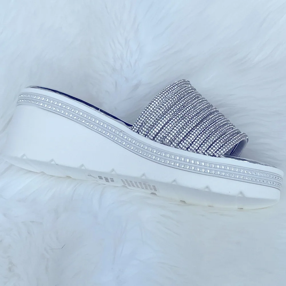 Restock! White Platform Silver Rhinestone Embellished Wedge Slide-In Sandals - Picture 6 of 12